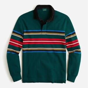 J Crew Oarsman Rugby Striped Polo Shirt Corduroy Collar Preppy Green Large